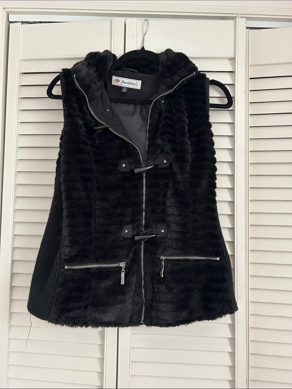 Montana Co Black Faux Fur Hooded Toggle Vest with Zipper Pockets